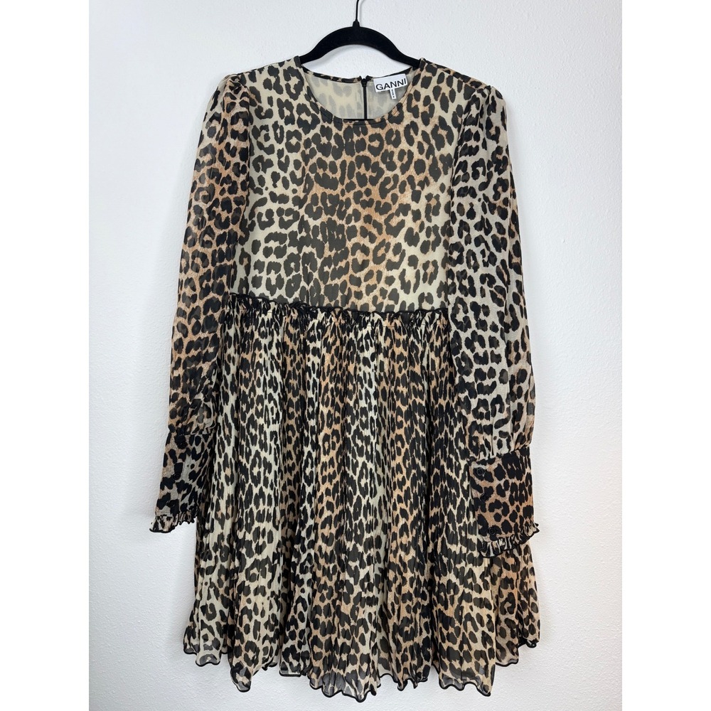 GANNI Leopard Print Long Sleeve Mini Dress Size 40 M/L MSRP $295